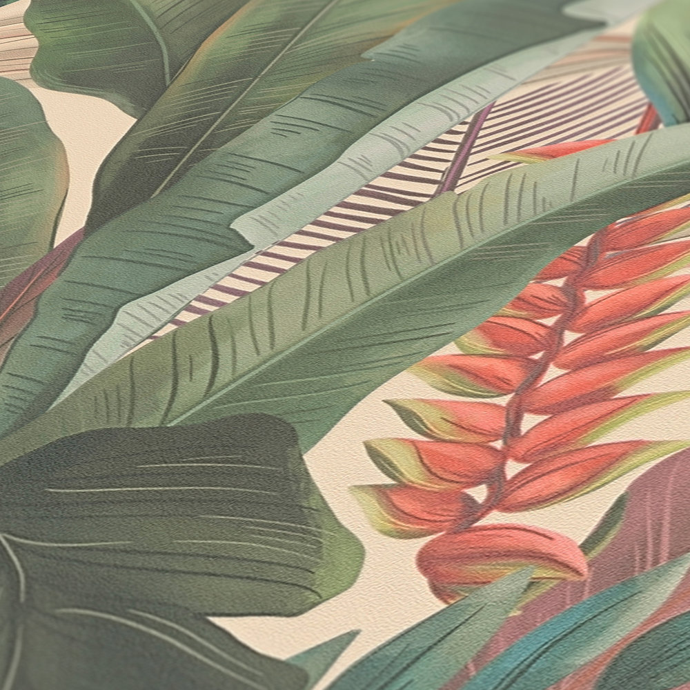             Dschungeltapete mit Palmenblättern & Blüten im floralen Stil strukturiert matt – Beige, Grün, Rosa
        