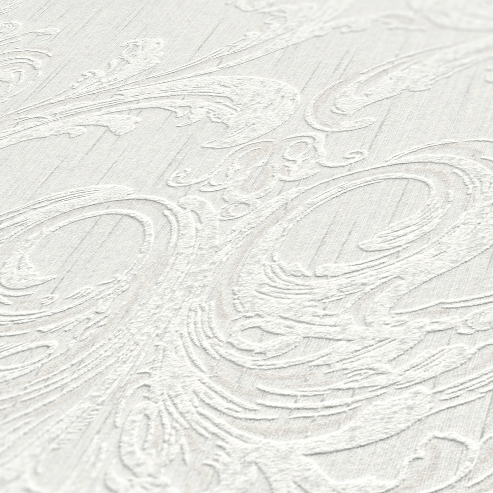             Ornamenttapete mit Stuck Design & Putzoptik – Grau, Weiß
        
