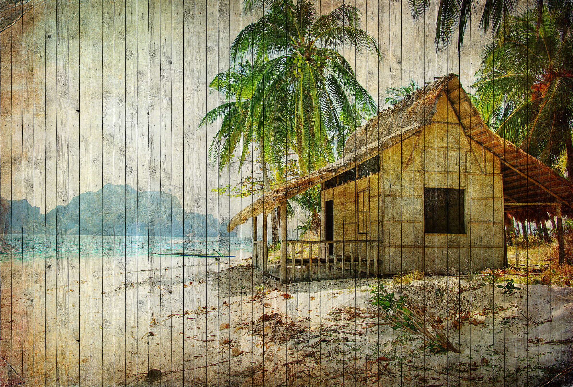             Tahiti 1 - Südsee Strand Fototapete mit Bretteroptik in Holzpaneele – Beige, Blau | Mattes Glattvlies
        