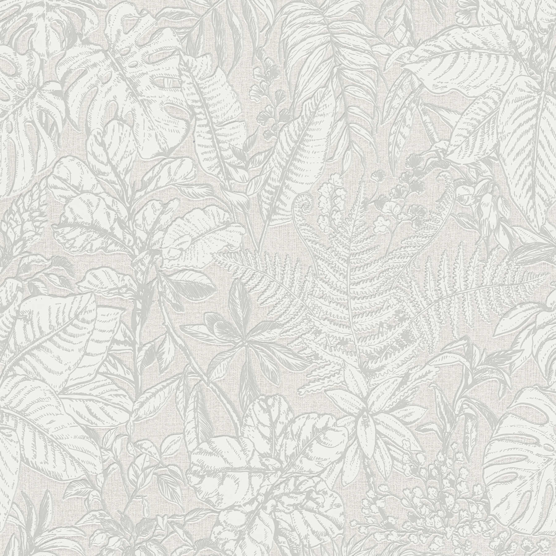 Dschungel Tapete, Monstera Blätter & Farne – Grau, Weiß
