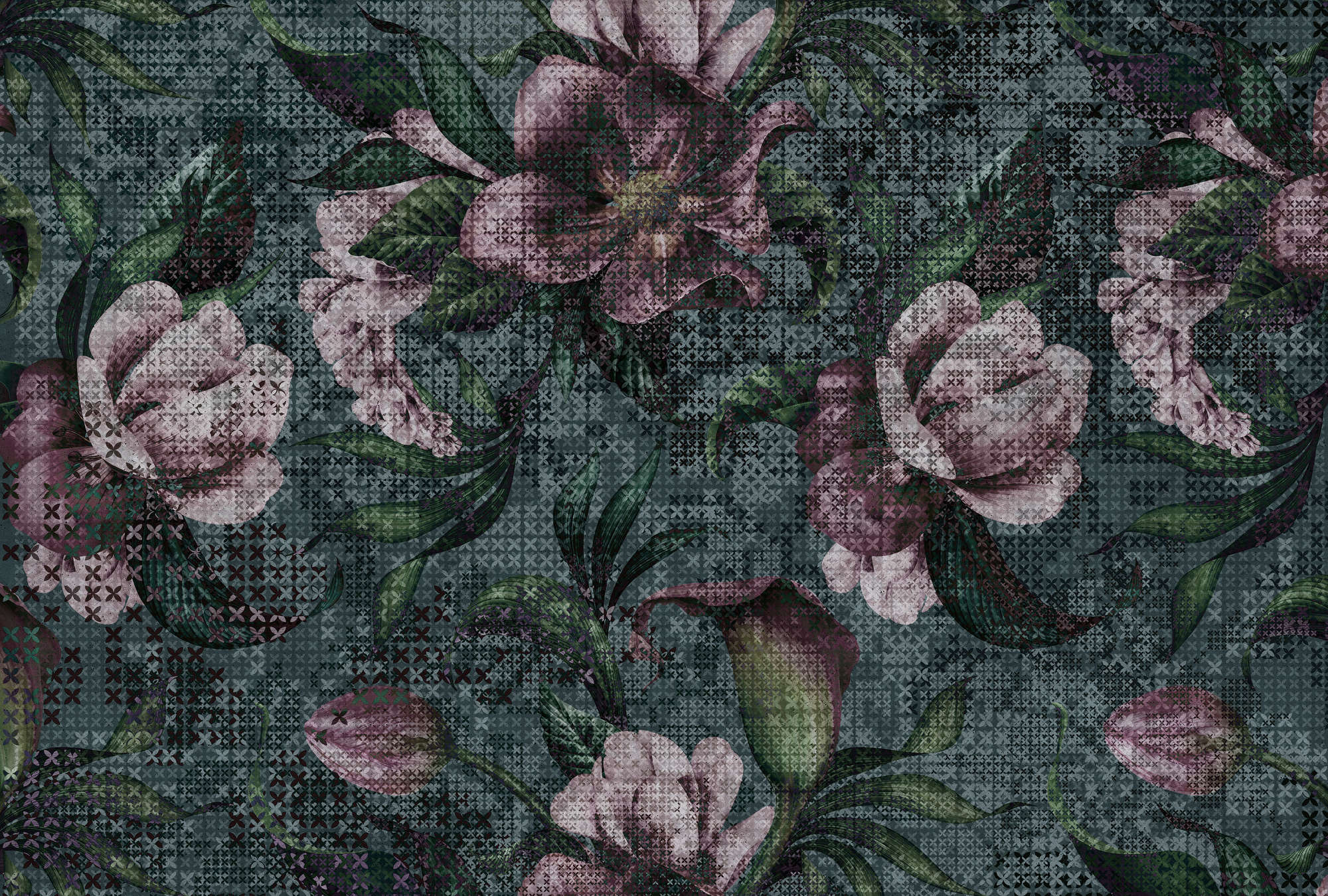            Blumen Fototapete Pixel Design – Grün, Rosa
        