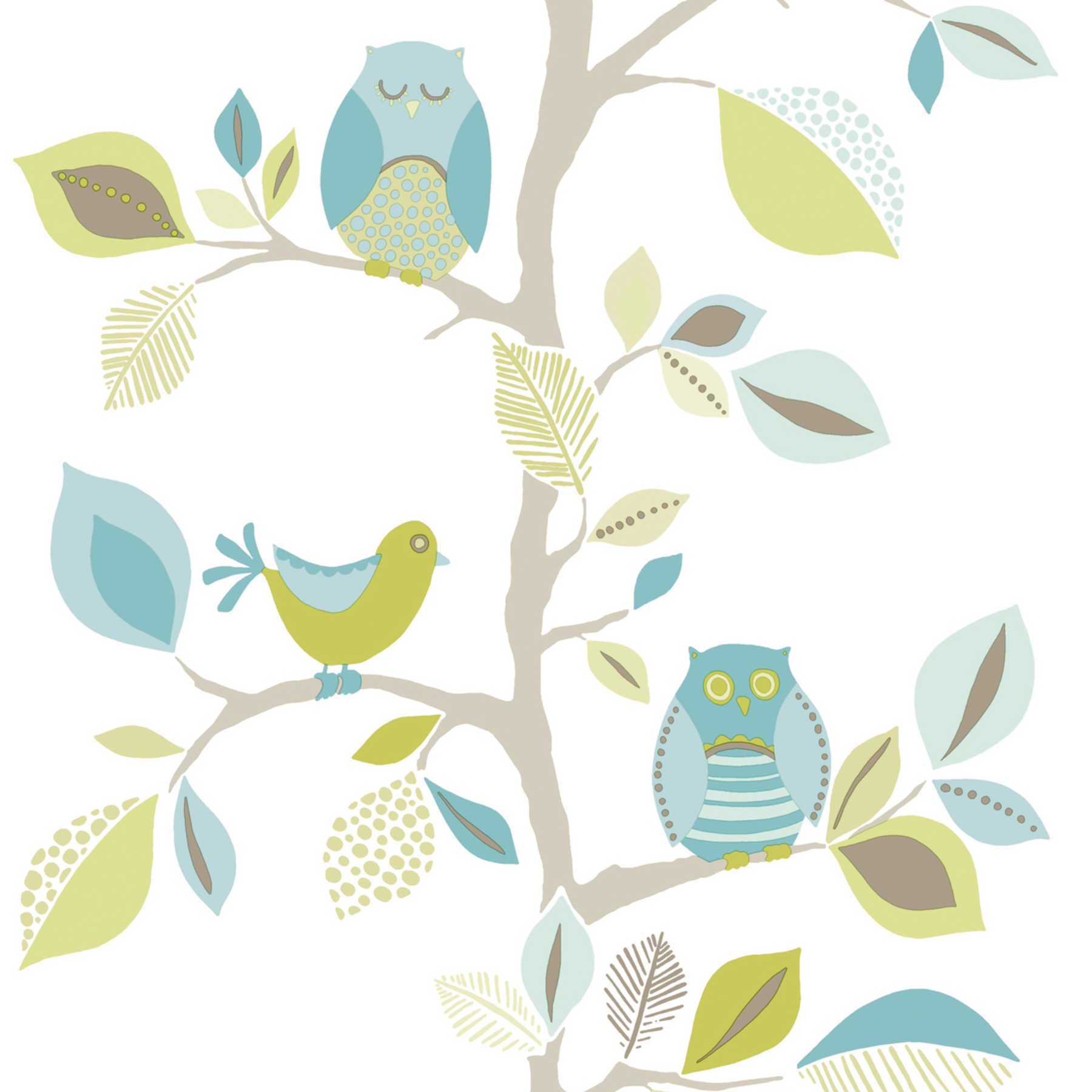            Kinderzimmer Tapete neutral mit Eule & Baum Muster – Blau, Grün
        