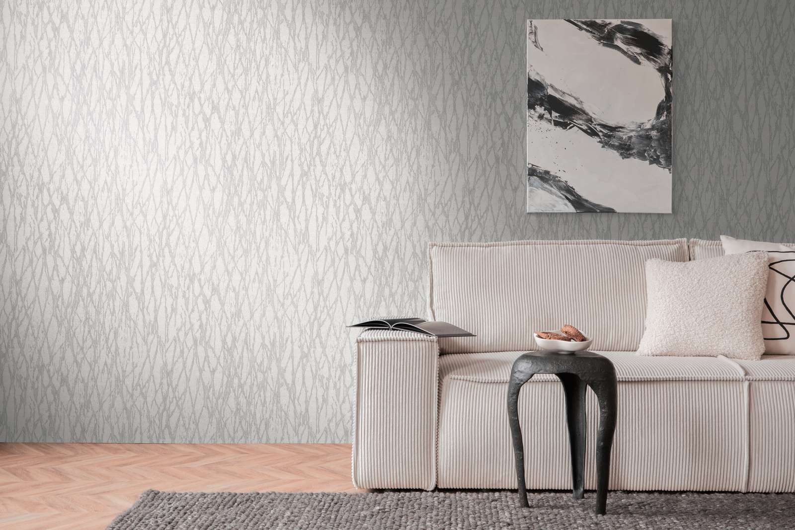             Vliestapete mit abstrakter Linien Bemusterung leicht glänzend – Weiß, Grau, Silber
        