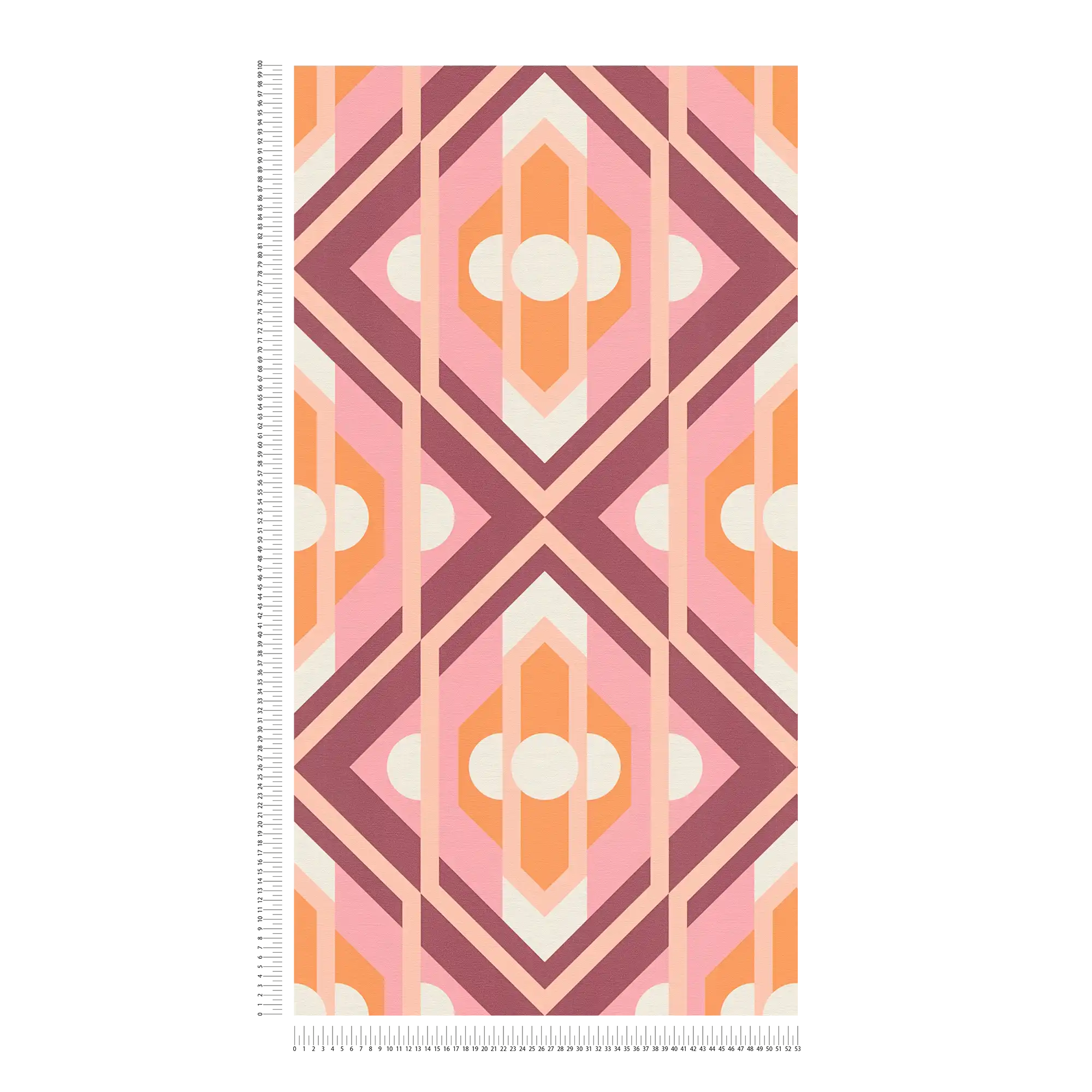             Vliestapete mit geometrischen Ornamenten im Retro Stil – Orange, Rosa, Weiß
        