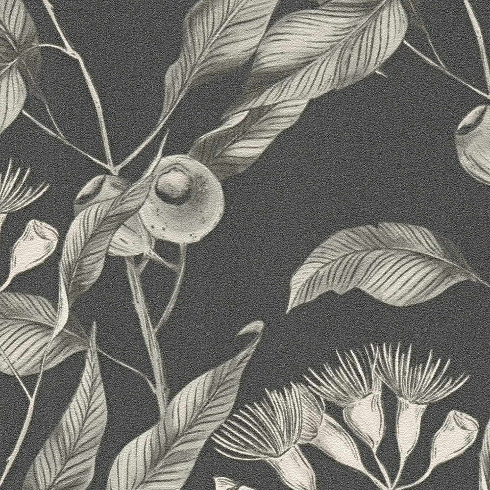             Moderne Tapete floral mit Blättern & Blüten strukturiert matt – Schwarz, Weiß, Grau
        