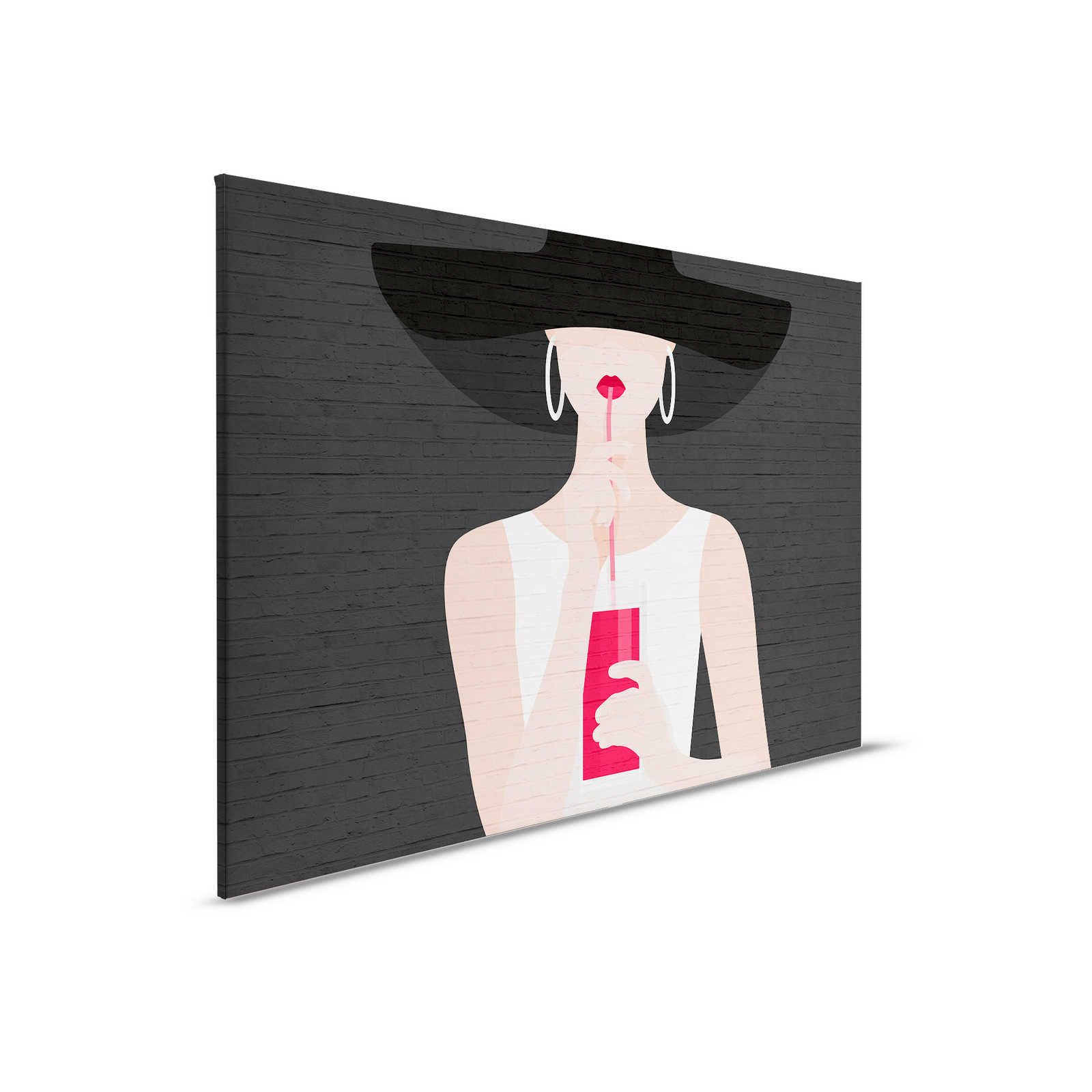         Schwarze Leinwandbild Frau mit Cocktail & Mauerwerk – 0,90 m x 0,60 m
    