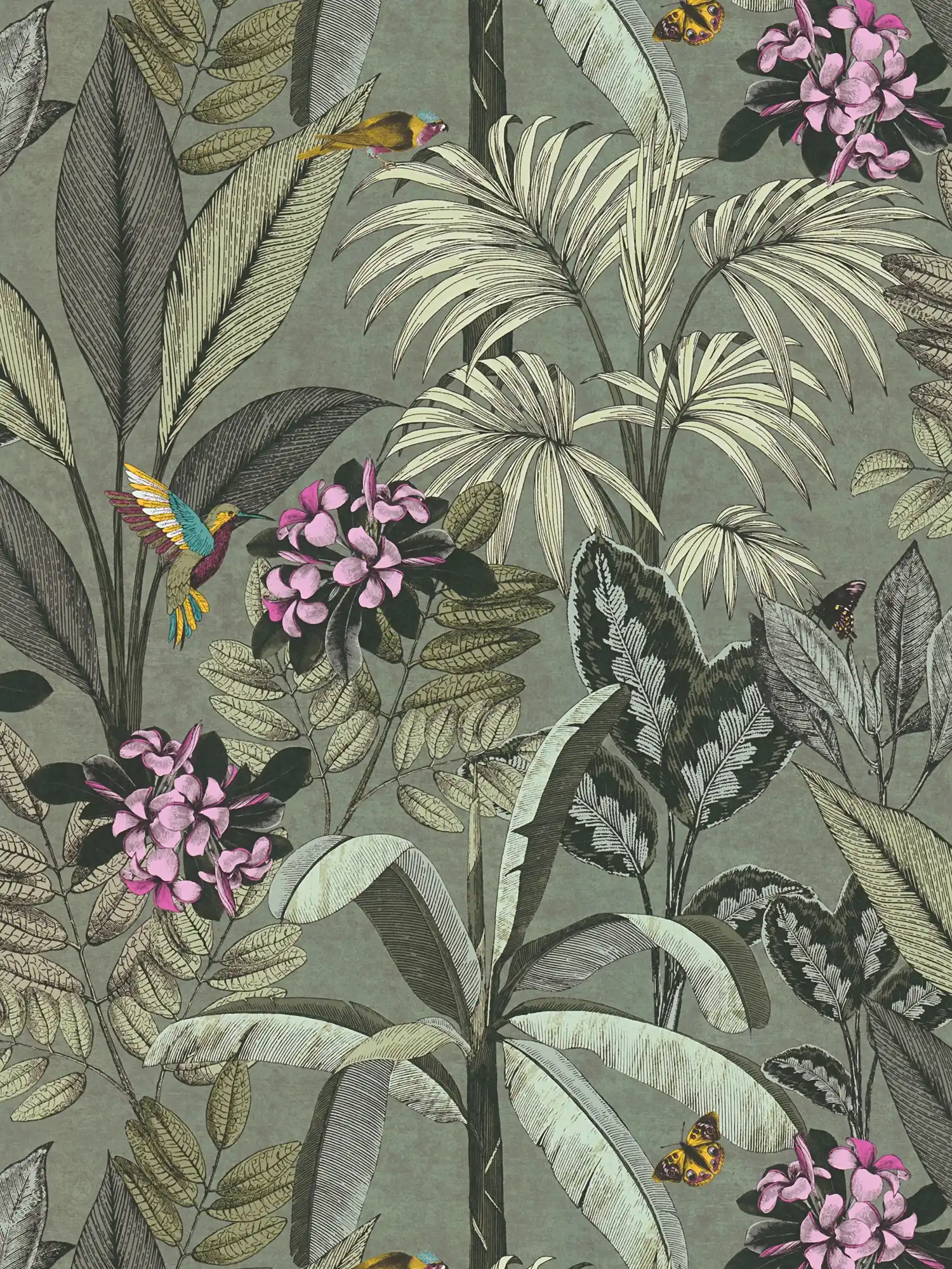 Dschungel Tapete Blätter, Blumen und Vögel – Grau, Grün
