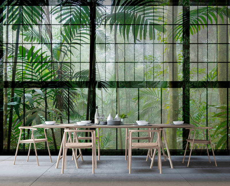             Rainforest 1 - Loftfenster Fototapete mit Dschungel Aussicht – Grün, Schwarz | Struktur Vlies
        
