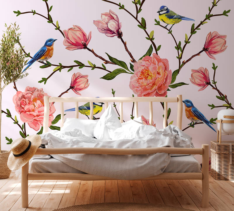             Fototapete Vögel & Blumen minimalistisch – Grau, Rosa, Grün
        