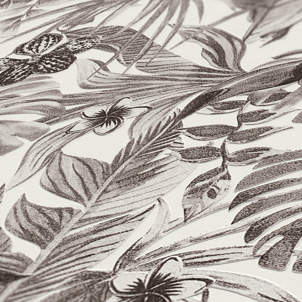             Exotische Tapete tropischen Vögel, Blüten & Blätter – Schwarz, Weiß, Grau
        