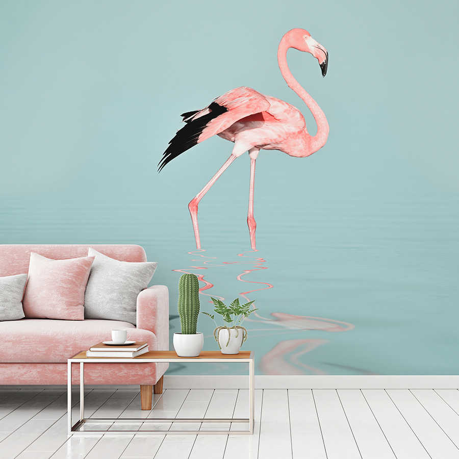 Fototapete mit Flamingo im Wasser – Pink & Türkis

