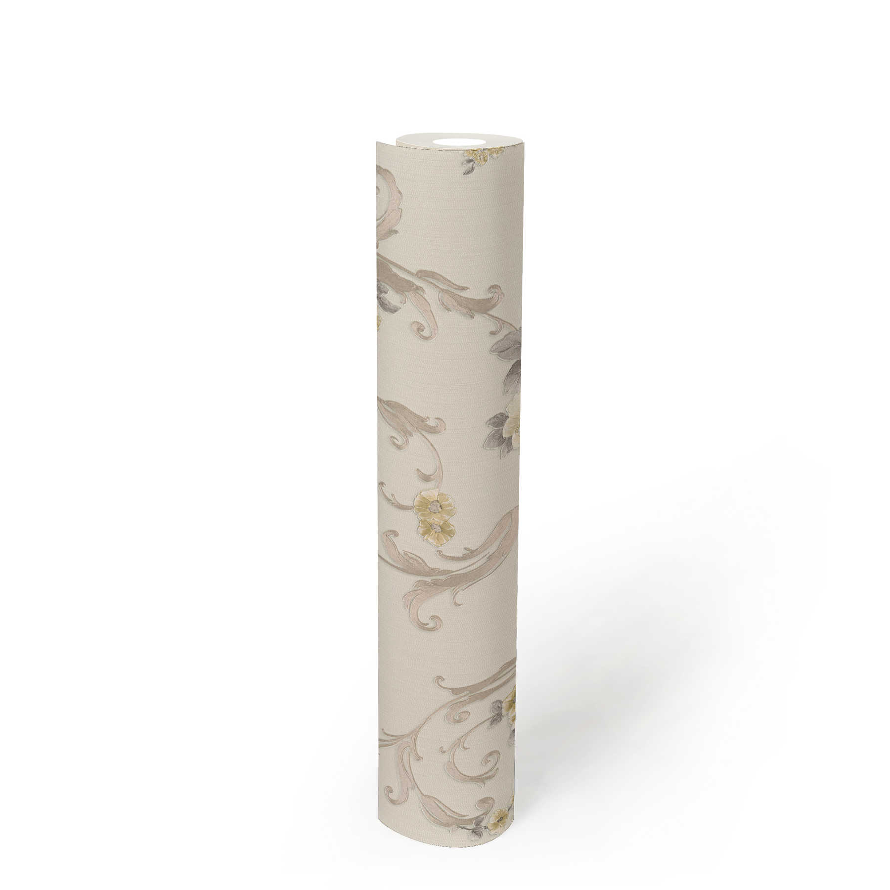             Rosenblüten-Tapete mit Metallic-Effekt im Landhausstil – Grau, Gold, Weiß
        