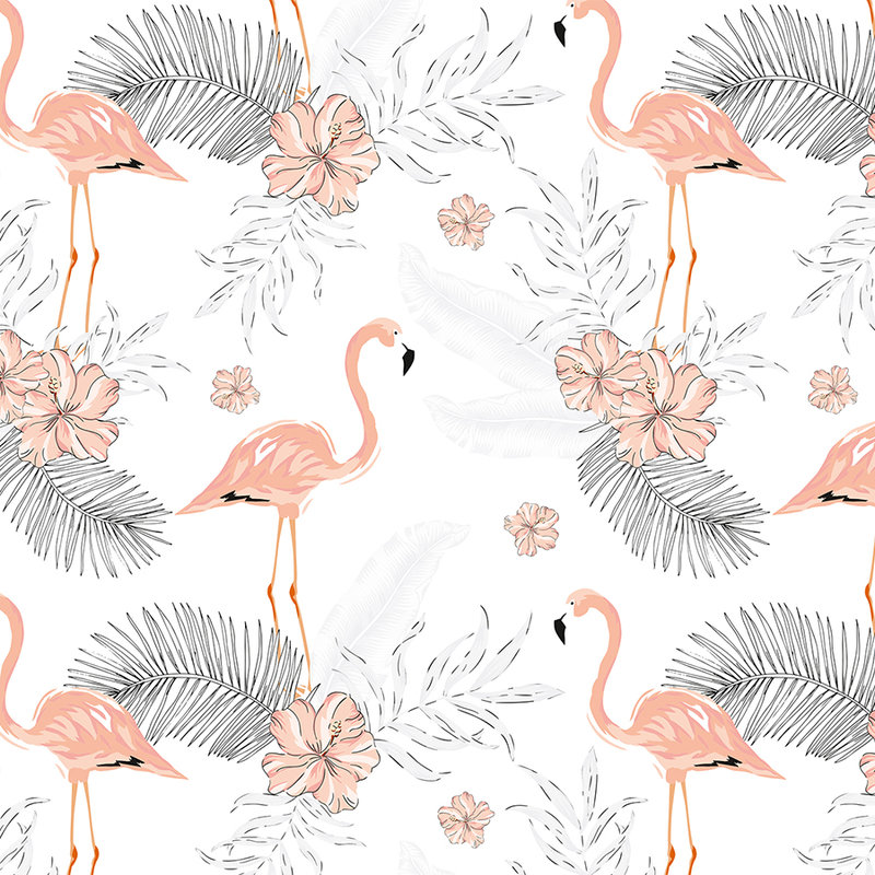 Fototapete Flamingos & Tropenpflanzen – Weiß, Rosa, Grau
