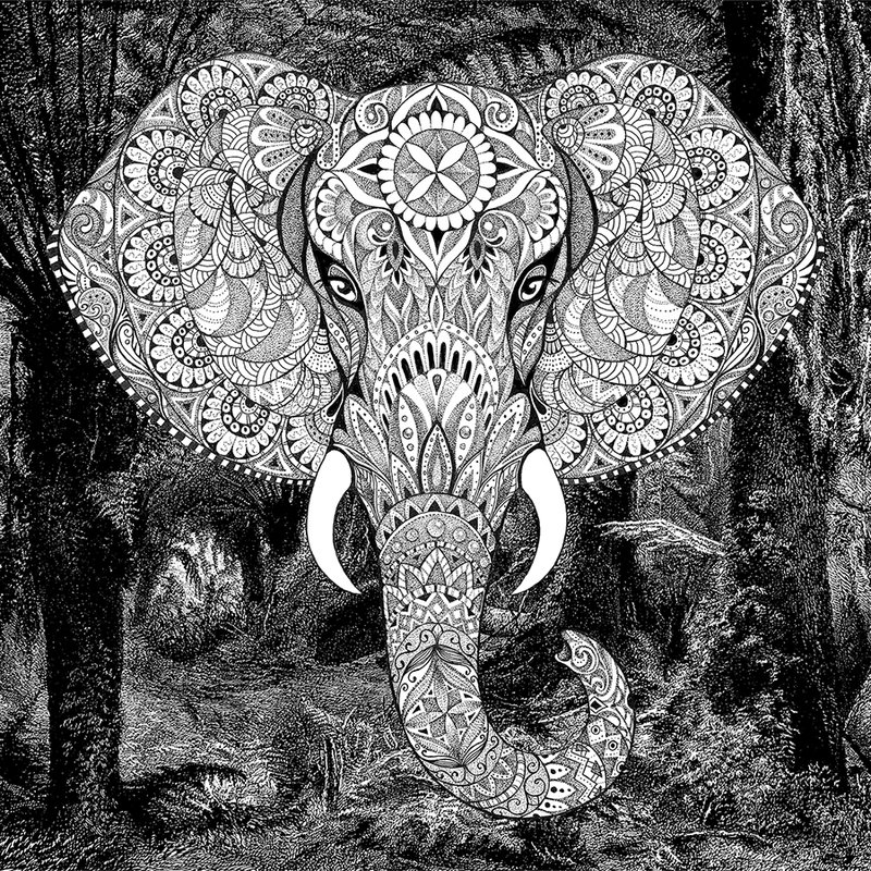 Fototapete Elefant im Boho-Stil mit Dschungelmotiv – Grau, Weiß, Schwarz

