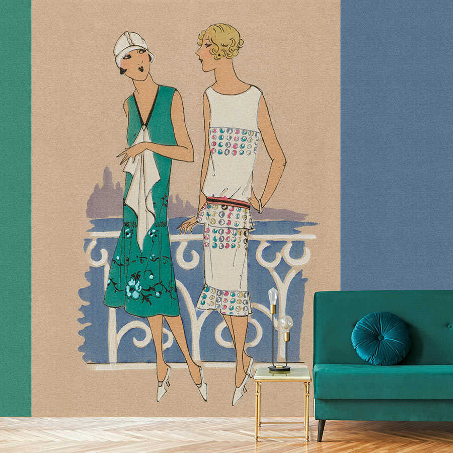 Parisienne 3 – Retro Fototapete Mode Druck 20er Jahre in Blau & Grün
