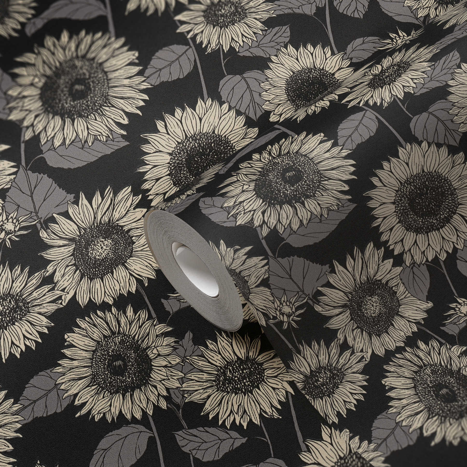             Sonnenblumen Tapete mit Metallic-Effekt Blüten – Schwarz, Anthrazit, Grau
        
