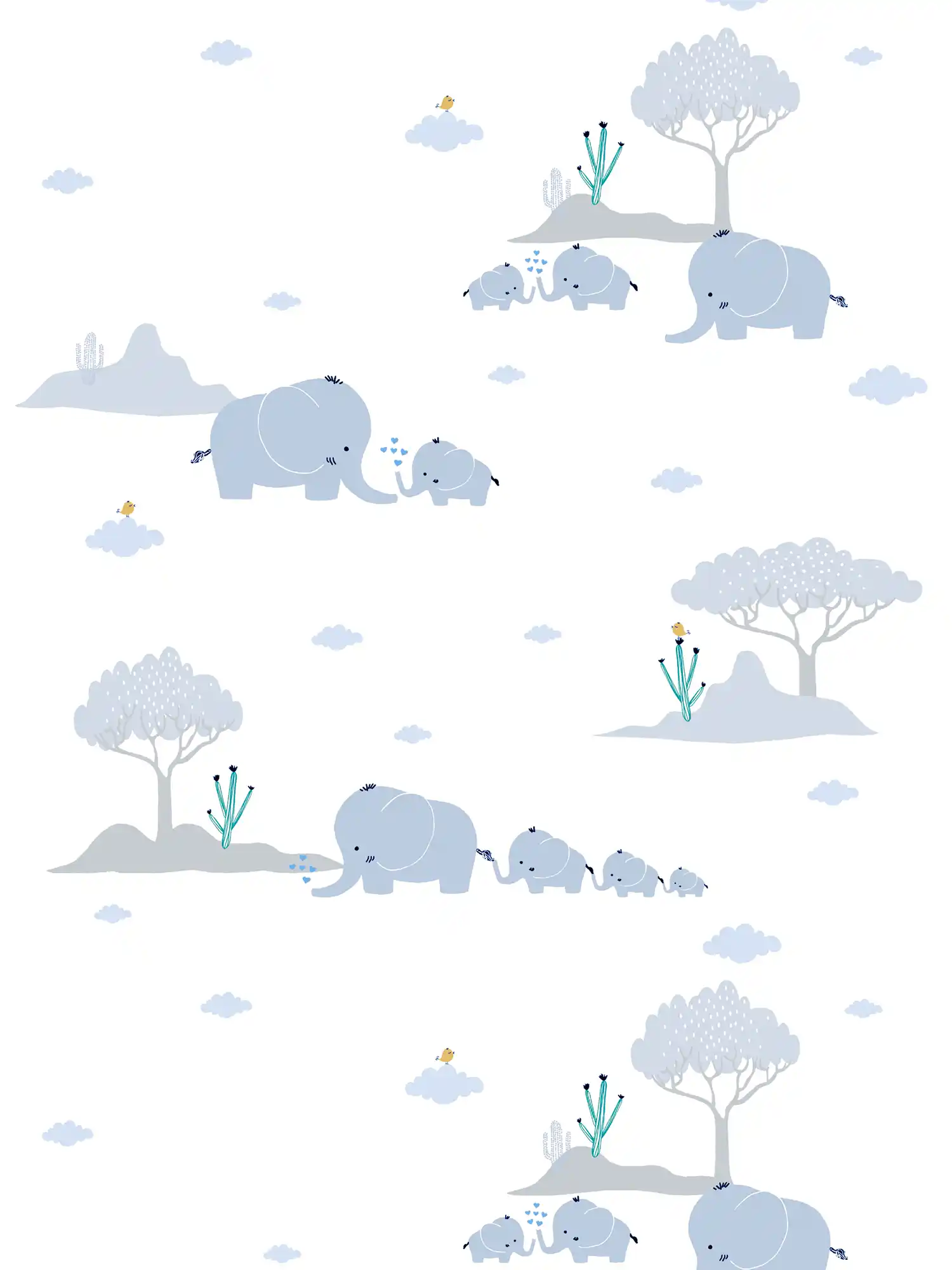         Tapete Kinderzimmer Jungen Elefanten & Landschaft – Blau, Grau, Weiß
    