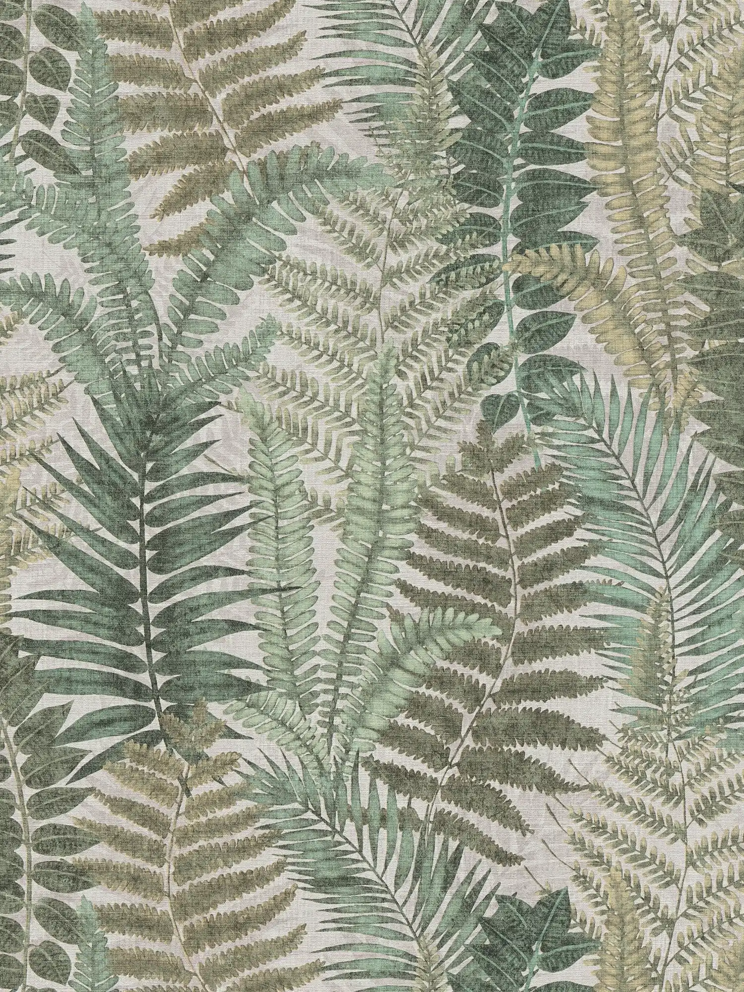 Tapete floral mit Farnblättern leicht strukturiert, matt – Beige, Grün, Braun
