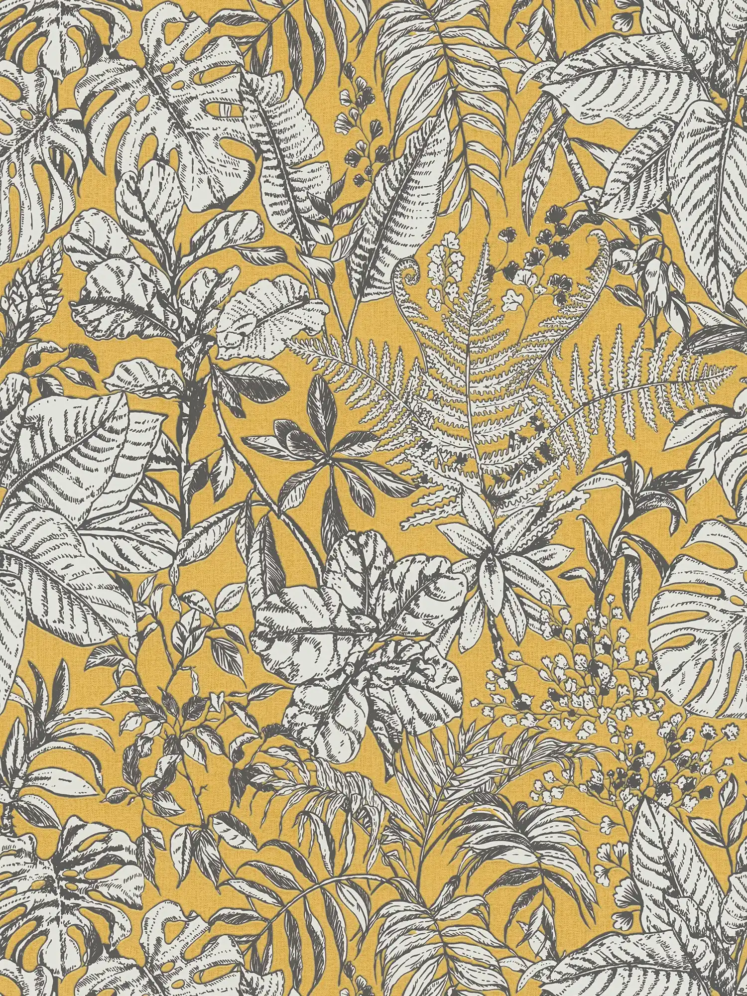 Vliestapete Dschungel, Monstera Blätter & Farne – Gelb, Weiß, Grau
