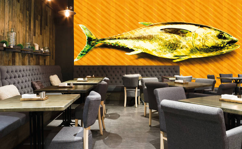             Fototapete Fisch, Pop Art Tapete mit Thunfisch – Orange, Grün, Gelb
        