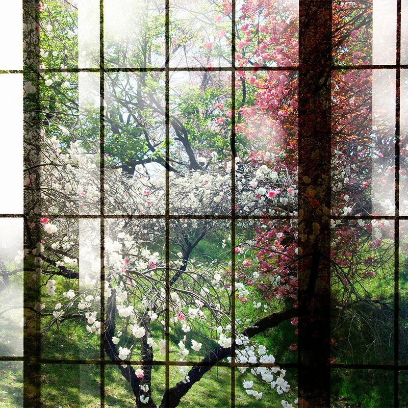 Orchard 2 - Fototapete, Fenster mit Garten Ausblick – Grün, Rosa | Mattes Glattvlies
