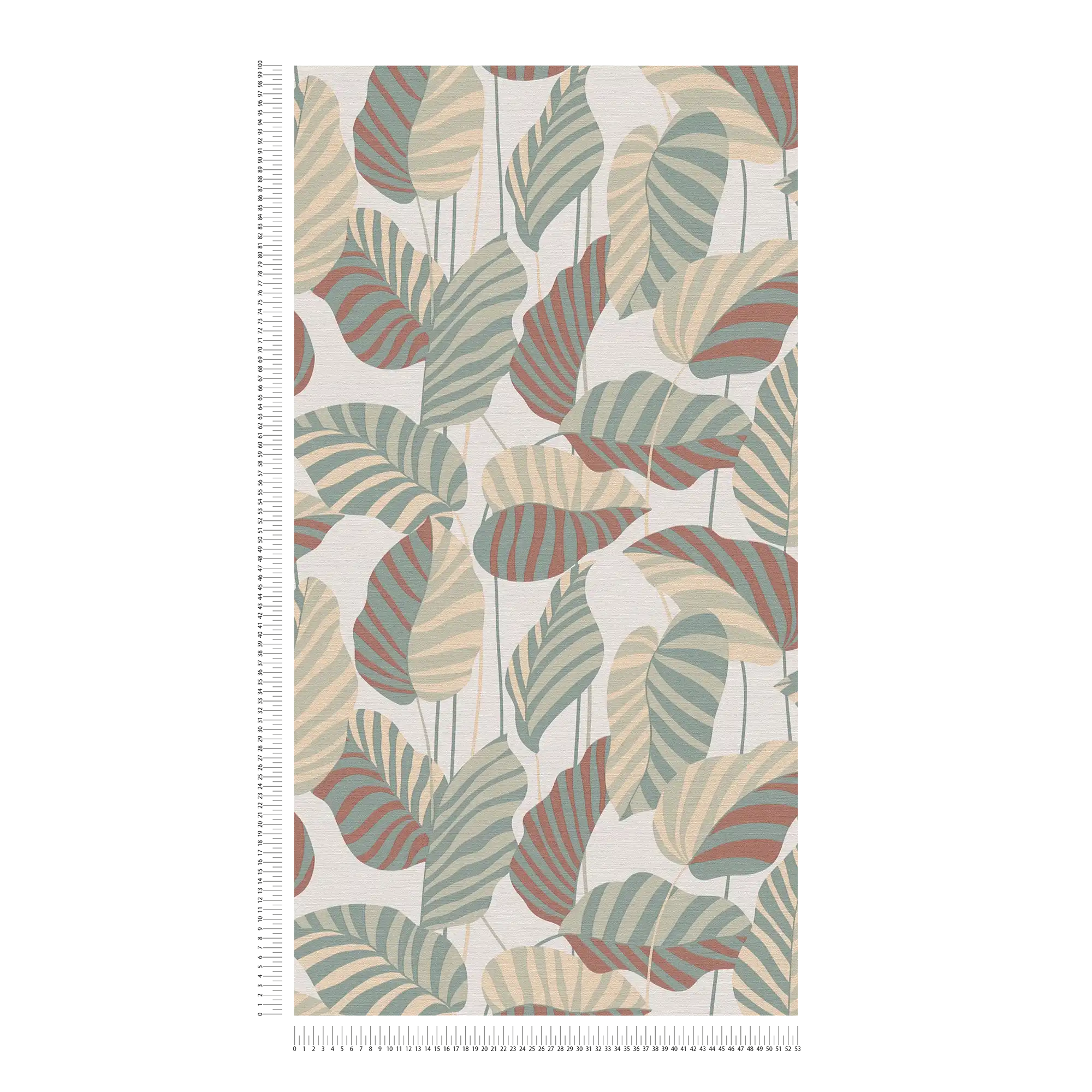             Vliestapete mit großen Palmblättern in dezenter Farbe – Weiß, Grün, Orangerot
        