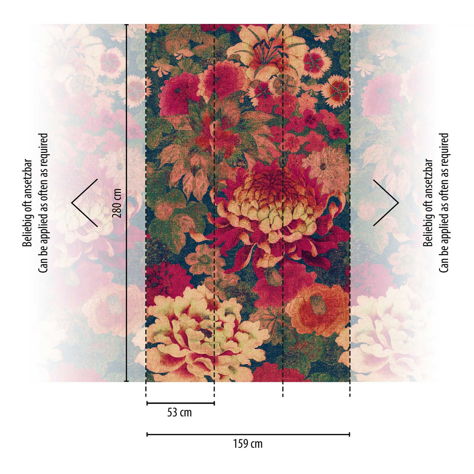             Blumentapete mit verschiedenen Blüten Vintage-Stil – Rot, Grün
        