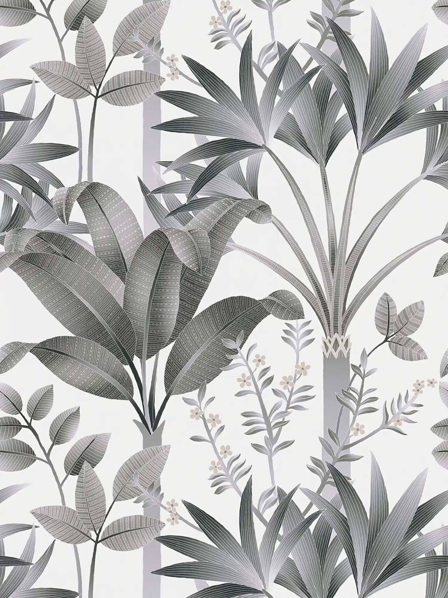 Florale Vliestapete mit Blättermuster – Grau, Schwarz, Weiß
