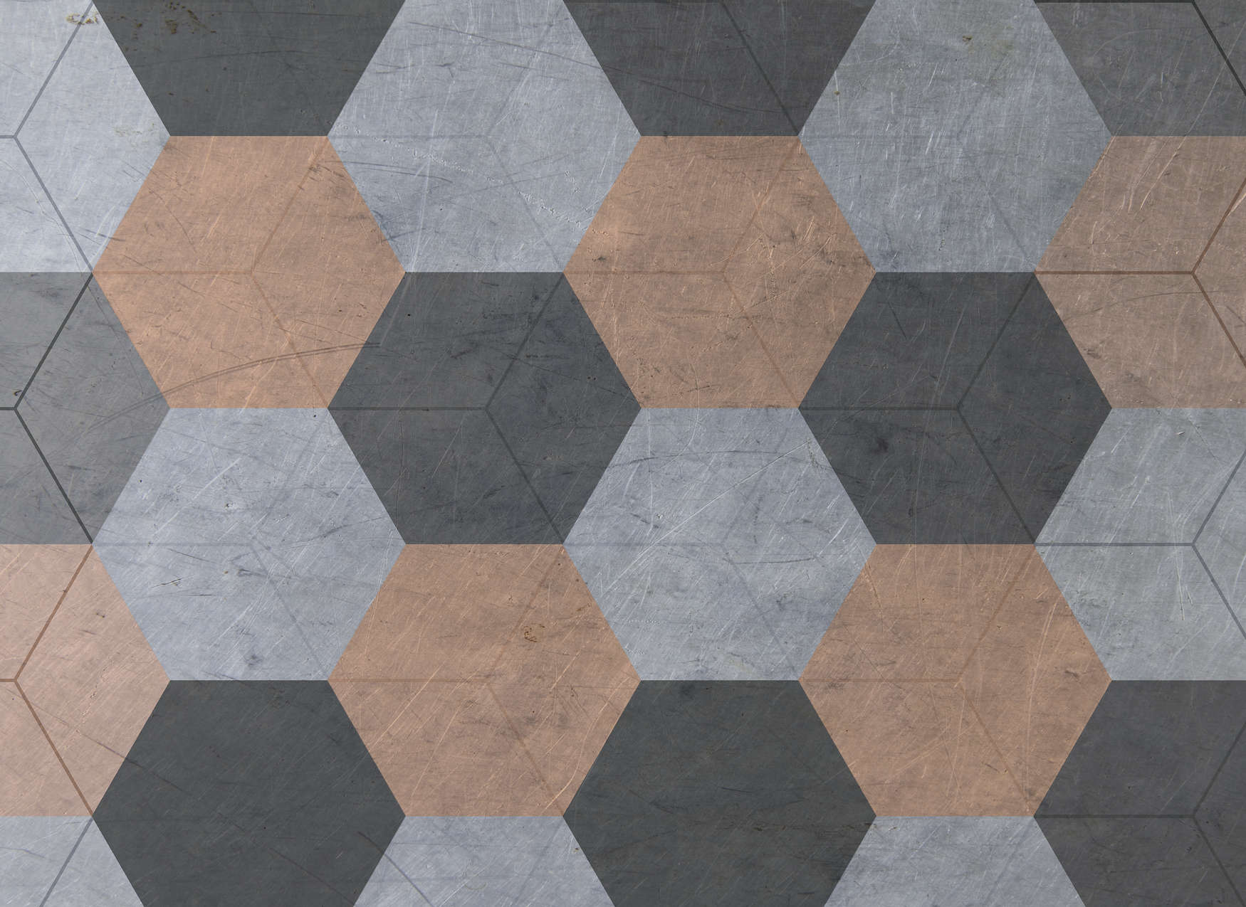             Fototapete mit Hexagon Kacheln im Vintage Stil – Schwarz, Grau, Orange
        