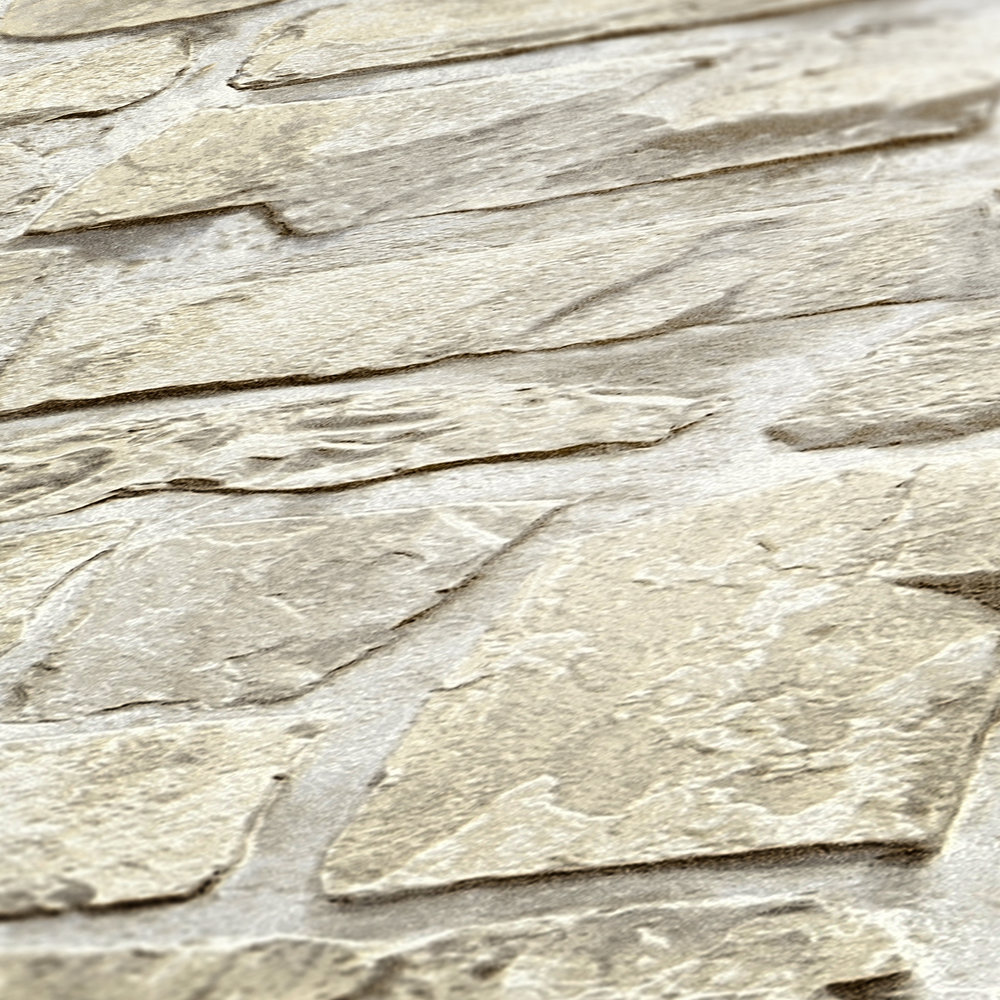             Steintapete mit Naturstein-Mauerwerk im Landhaus Stil – Beige, Gelb
        