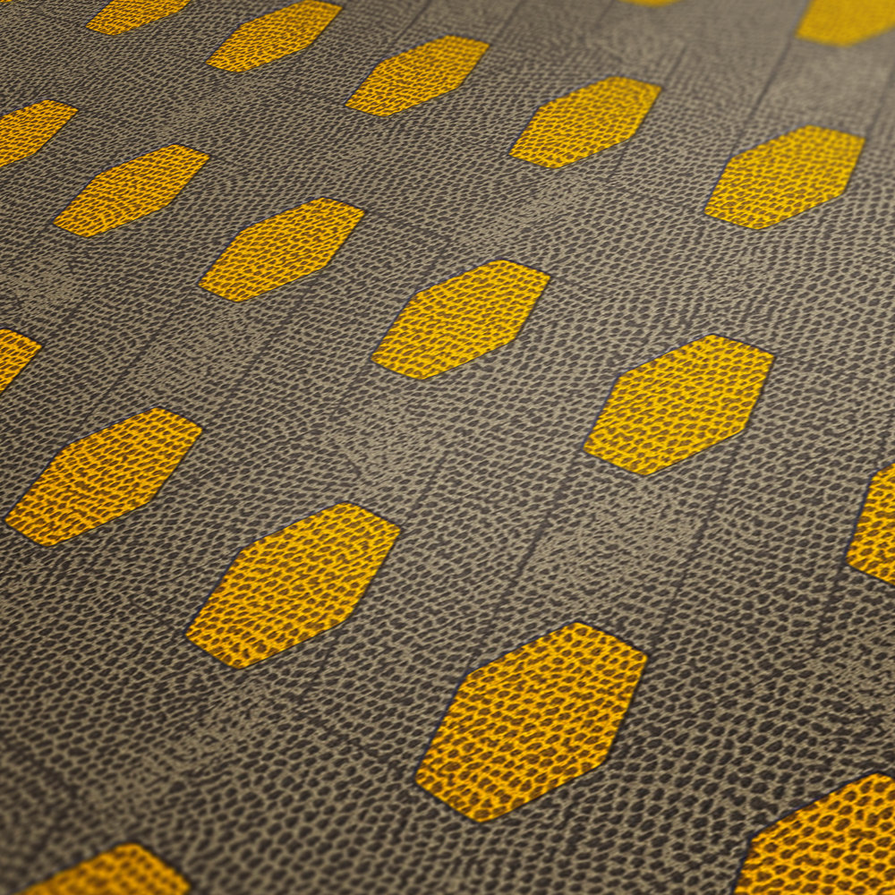             Vliestapete mit geometrischem Punkte-Muster – Gelb, Grau, Braun
        
