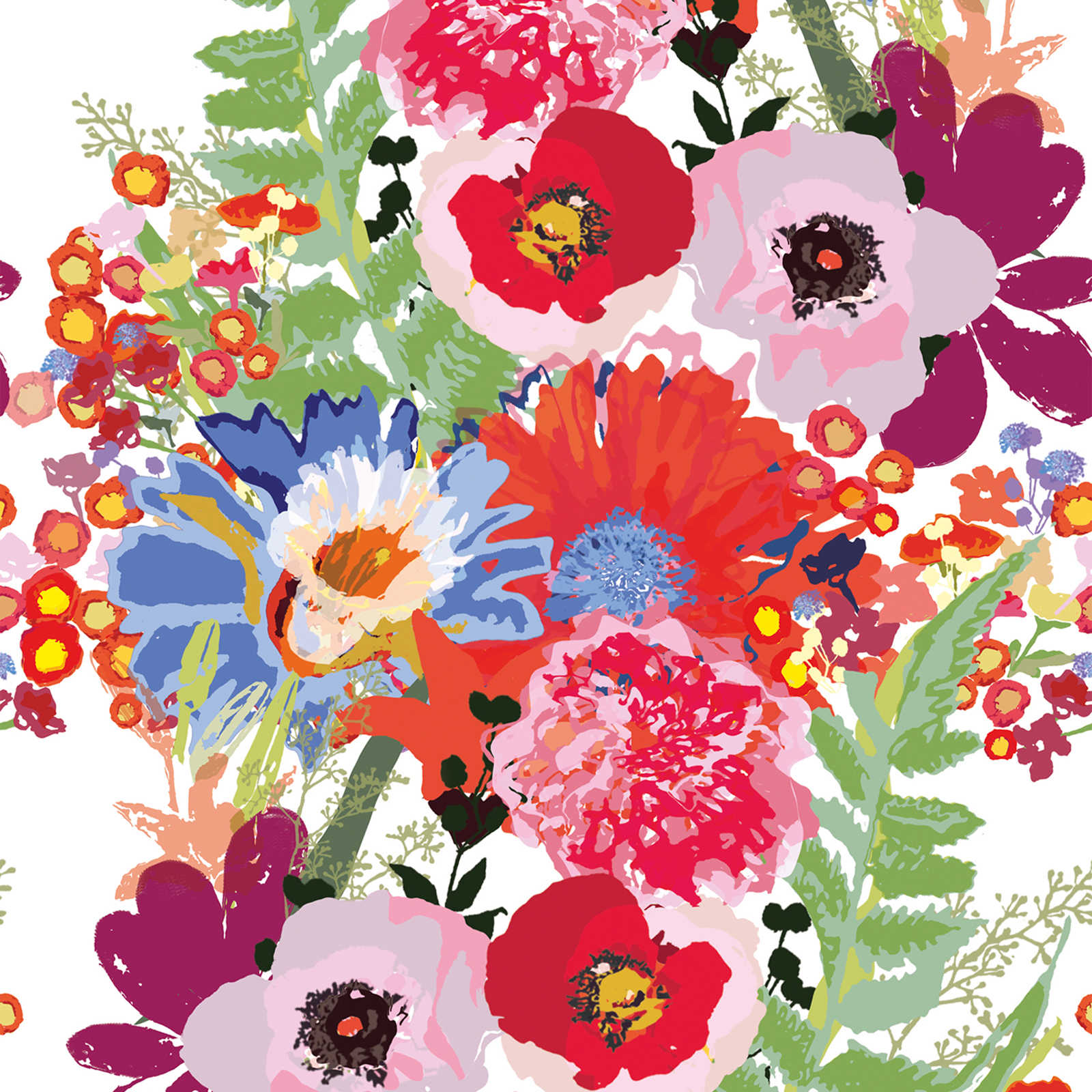 Abstrakte Blumenmotiv Tapete in kräftigen Farben – Bunt, Weiß, Rot
