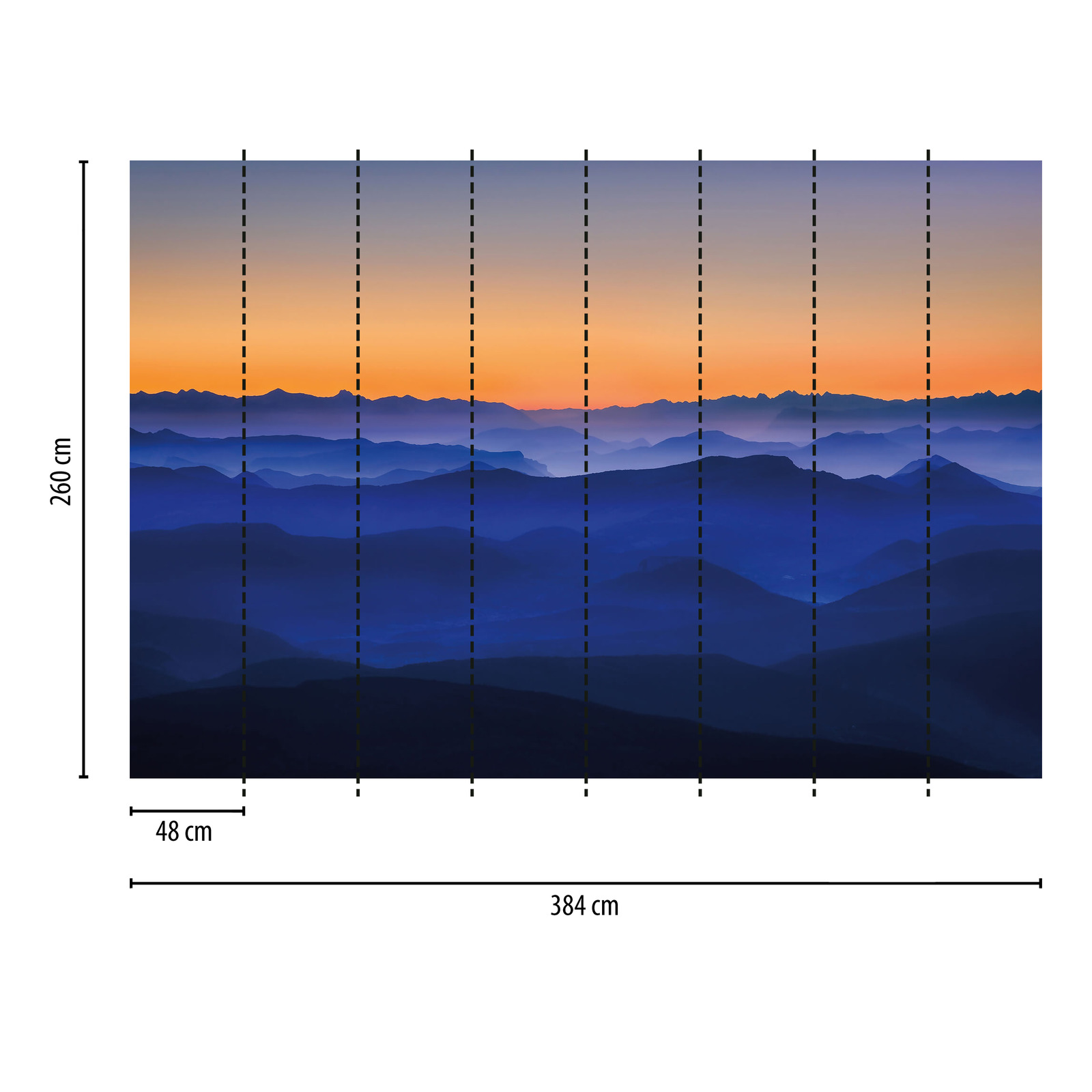             Fototapete Berge bei Sonnenaufgang – Blau, Orange, Gelb
        