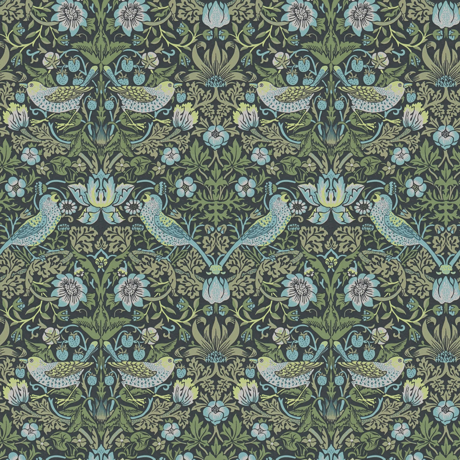         Vliestapete Blumenmuster mit Vögel – Grün, Blau, Schwarz
    