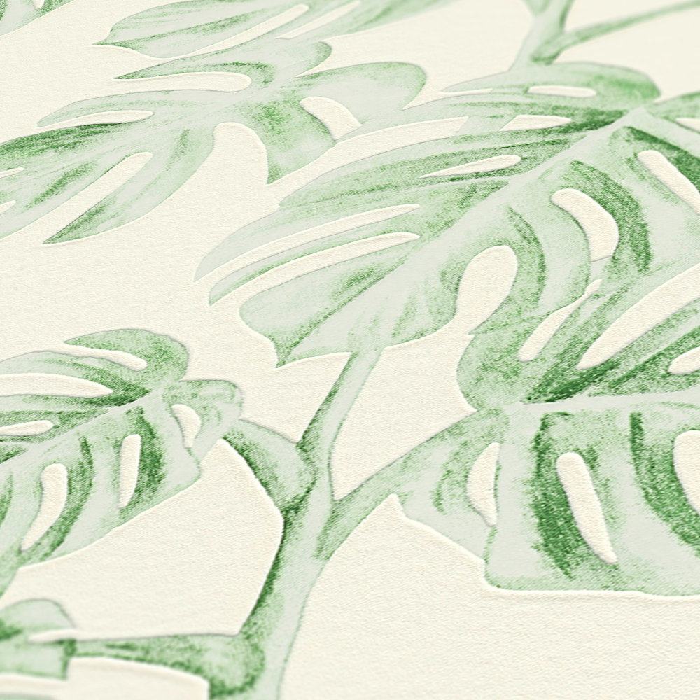            Vliestapete Monstera-Ranken, natürliches Muster – Grün, Weiß
        