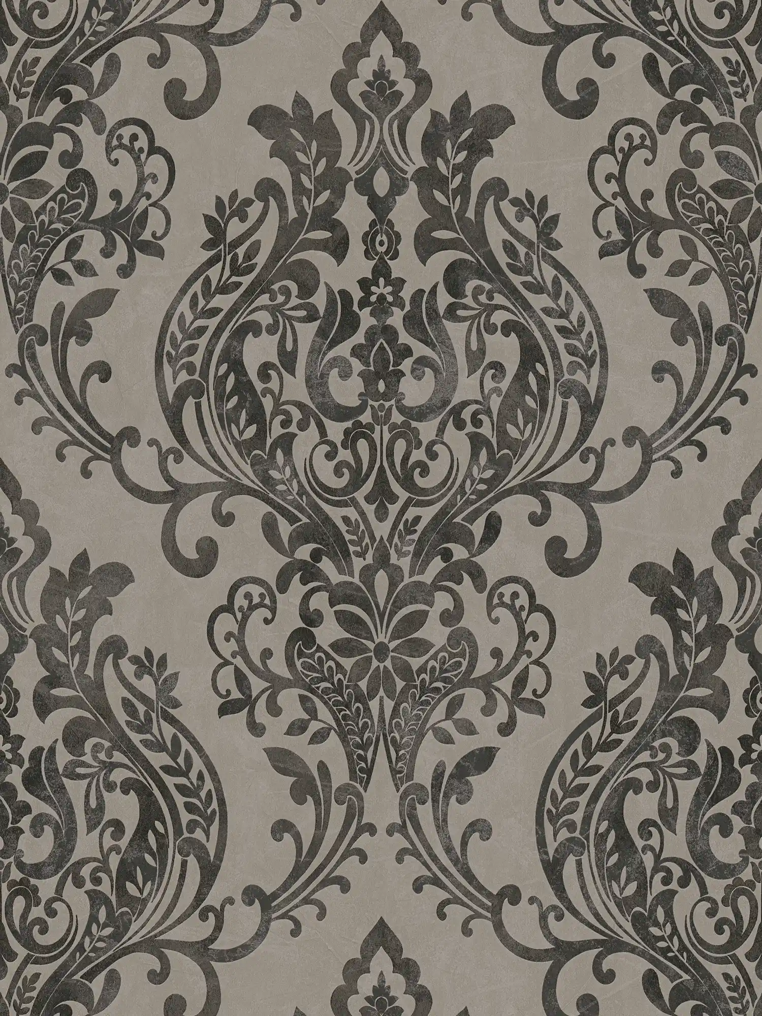 Ornament-Tapete Vintage, floral – Grau, Schwarz
