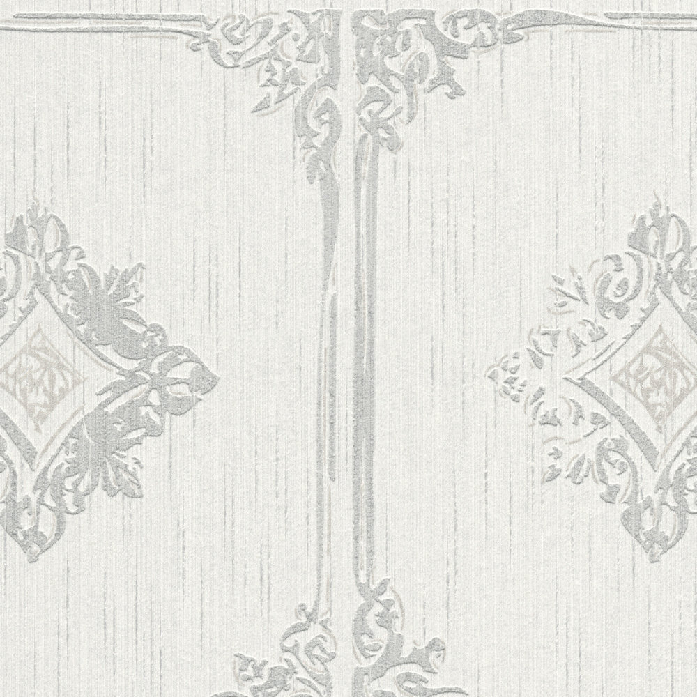             Tapete Vintage Stuck Design mit Ornament Kassetten – Grau, Weiß
        