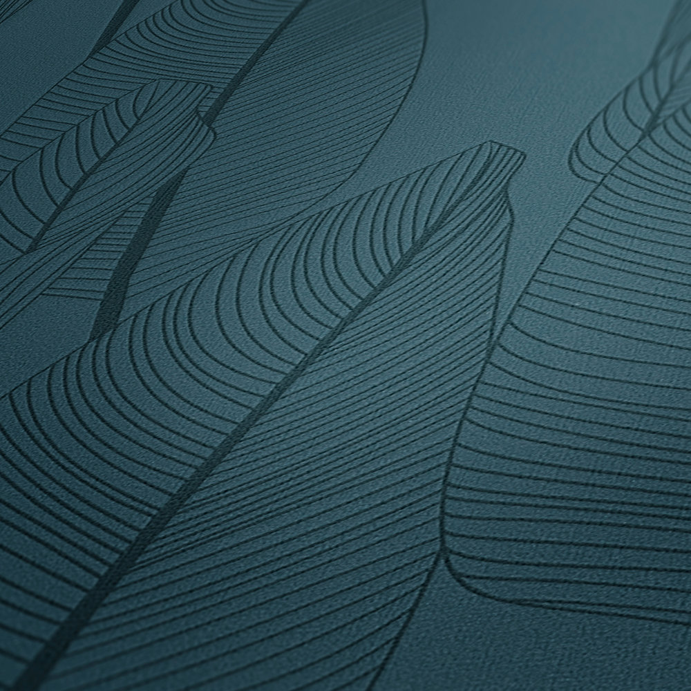             Vliestapete mit grafischem Blätter-Motiv – Blau
        