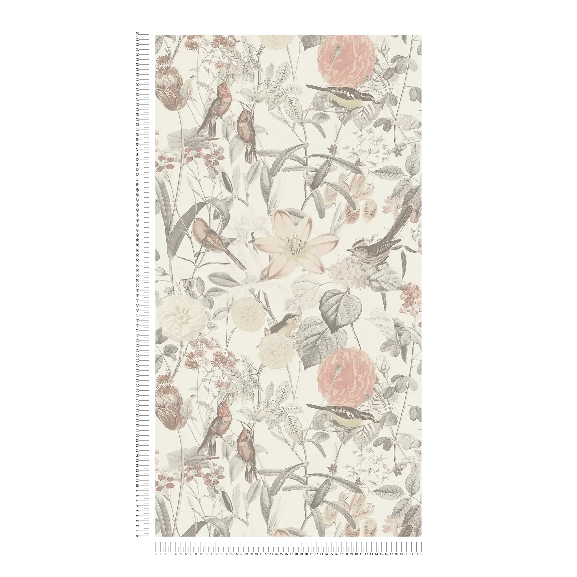            Tapete exotische Blüten & Vogel-Motiv – Grau, Rosa, Orange
        
