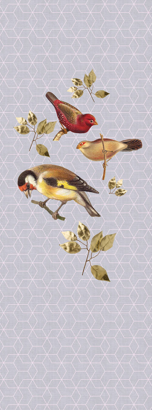             Birds Panel - Fotopaneel mit Vögeln & geometrischem Muster-Naturleinen Struktur – Blau, Violett | Perlmutt Glattvlies
        