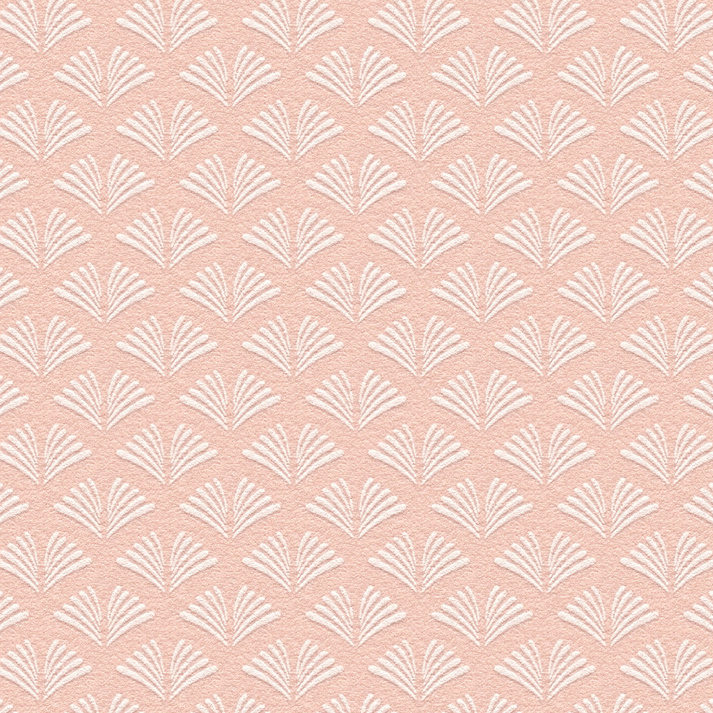             Rosa Vliestapete mit weiße, filigranen Muster im femininen Look
        