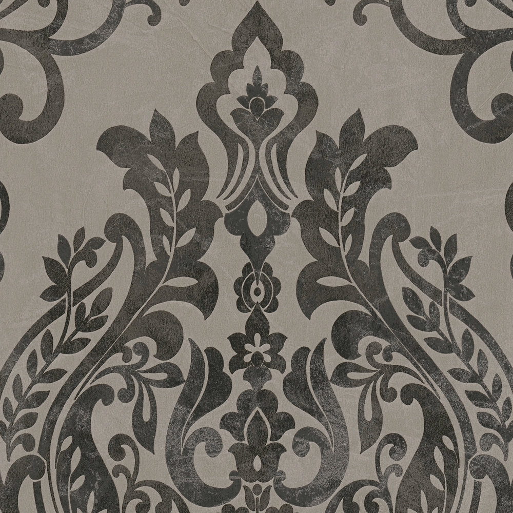             Ornament-Tapete Vintage, floral – Grau, Schwarz
        