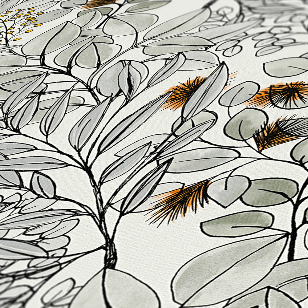            Blättermotiv Tapete im Zeichnungsstil - Grau, Orange, Weiß
        