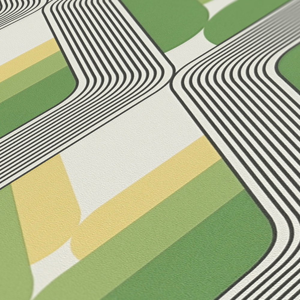             Grafiktapete 70er Design – Grün, Weiß, Schwarz
        