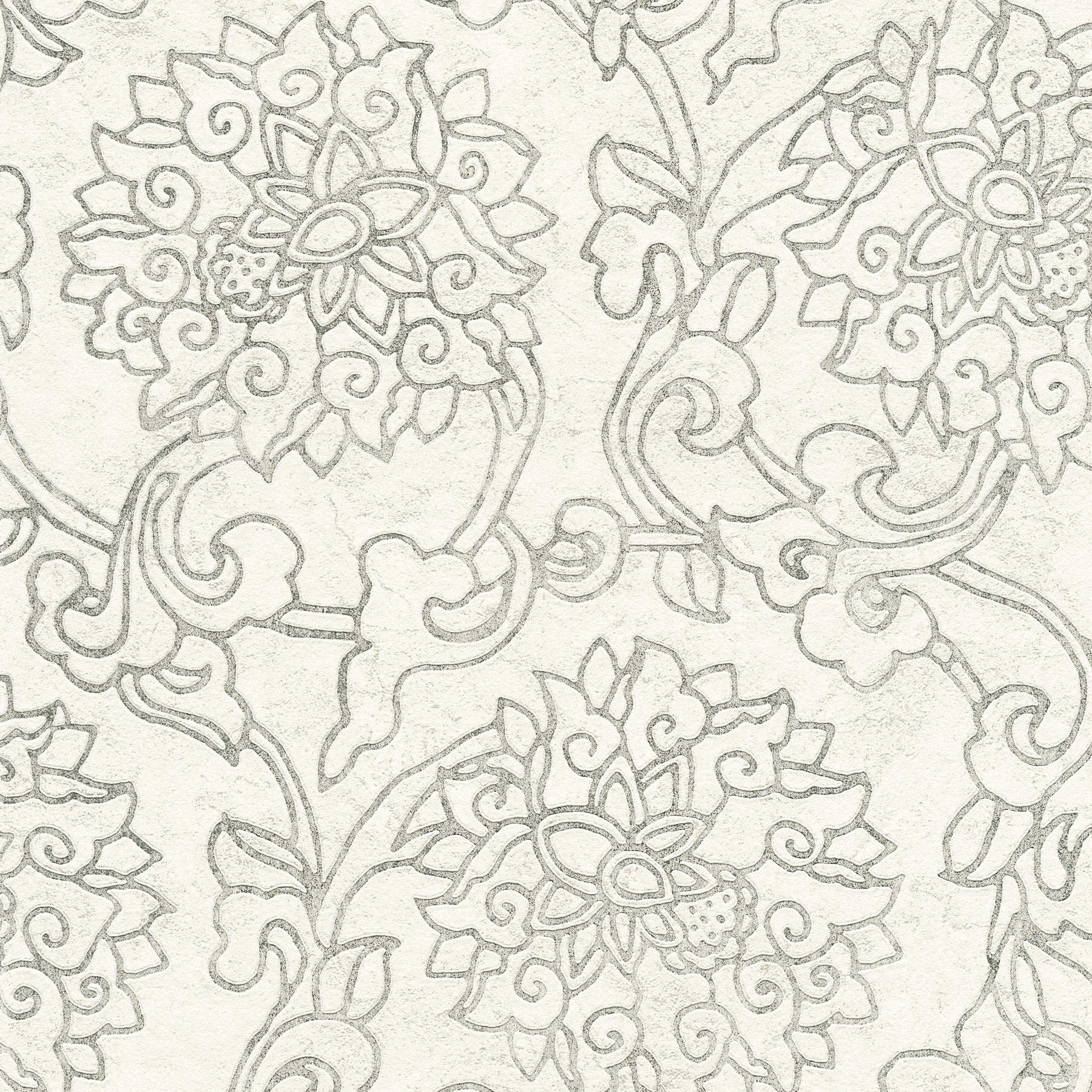             Florale Ornamenttapete im Asian Style mit Goldakzenten – Weiß, Silber, Grau
        