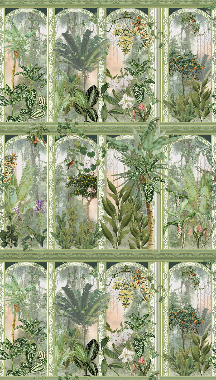             Tapete Dschungelmotiv mit großen Blättern und Blumen – Grün, Braun, Weiß
        