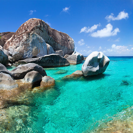 Fototapete Seychellen türkises Wasser, Felsen & Palmen
