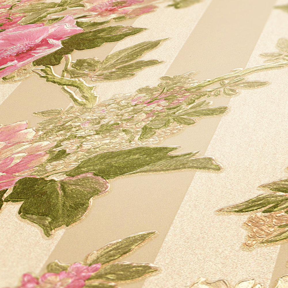             Tapete Blütenmotiv und Streifendesign – Rosa, Grün, Creme
        