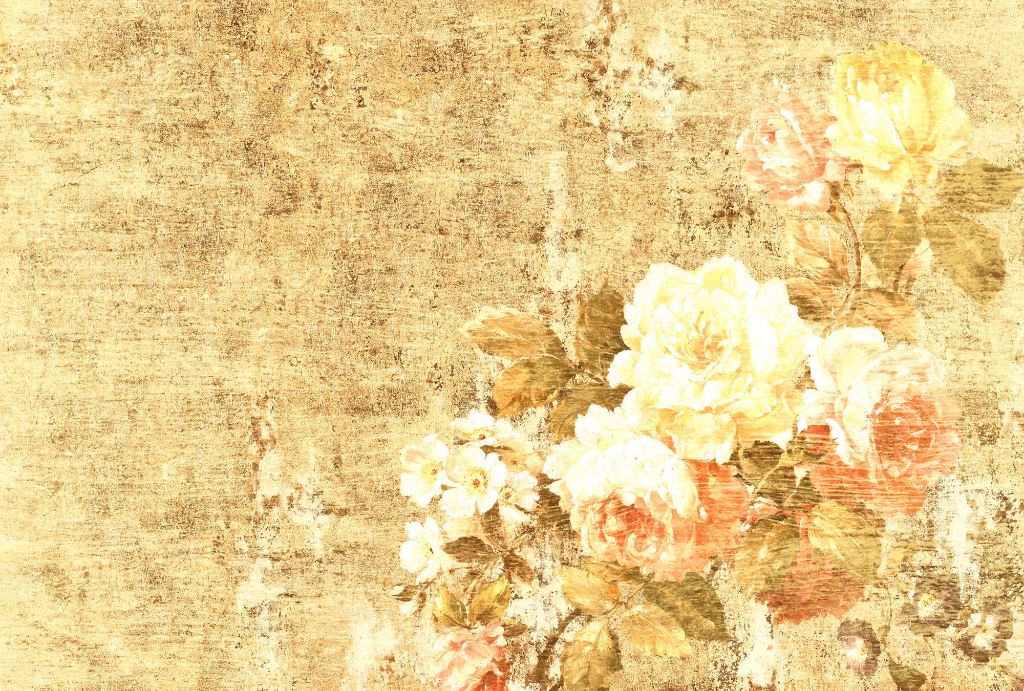             Fototapete Blumen-Ornament mit Rosen, rustikaler Look – Gelb, Rosa, Creme
        