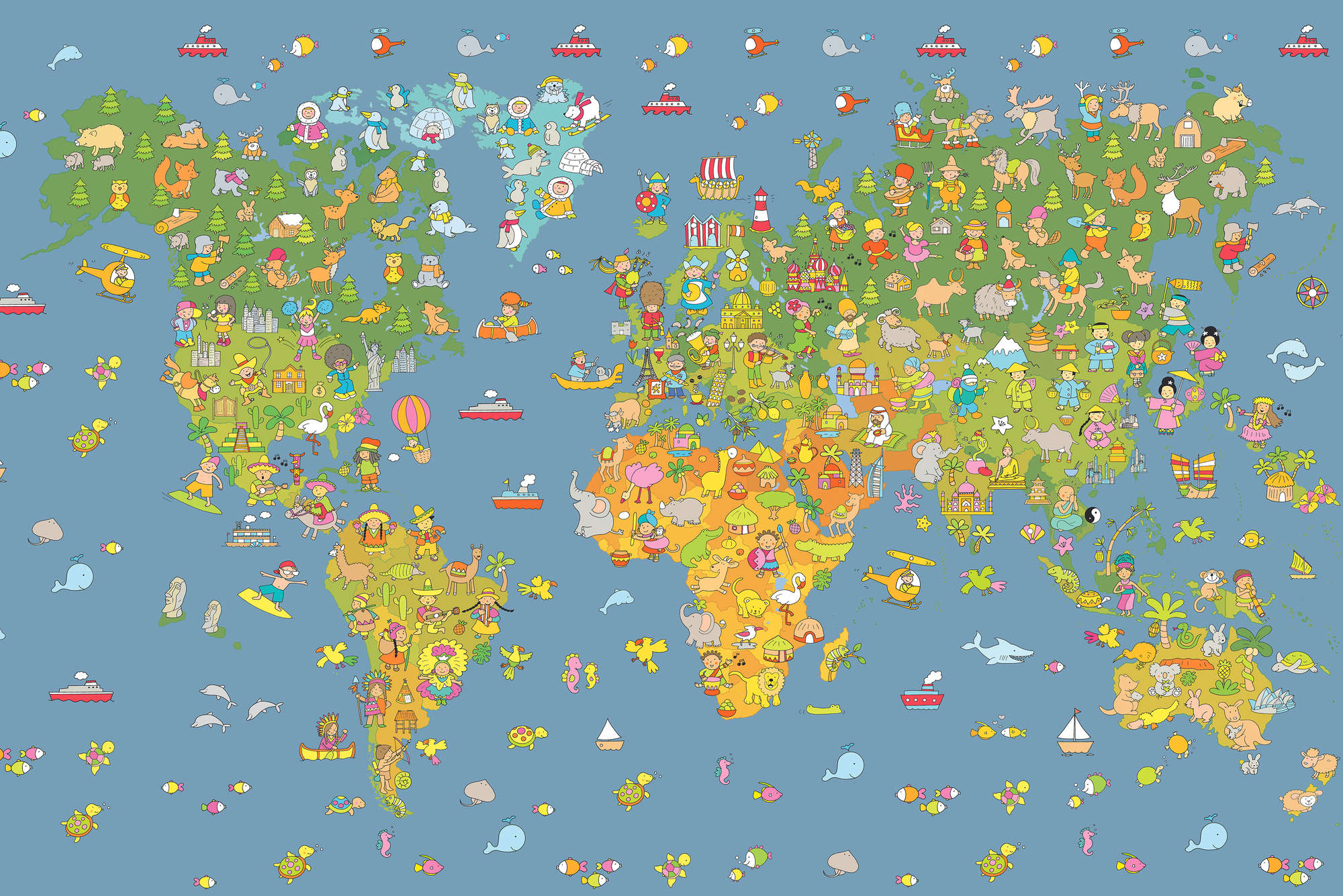             Kinder Fototapete Weltkarte mit Ländersymbolen auf Premium Glattvlies
        